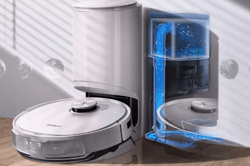 Die Funktionsweise der Absaugstation des Ecovacs Deebot T9+ wird dargestellt